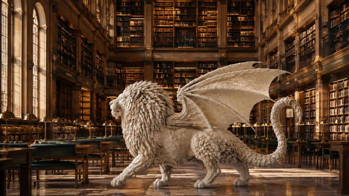 A white Manticore exploring a library