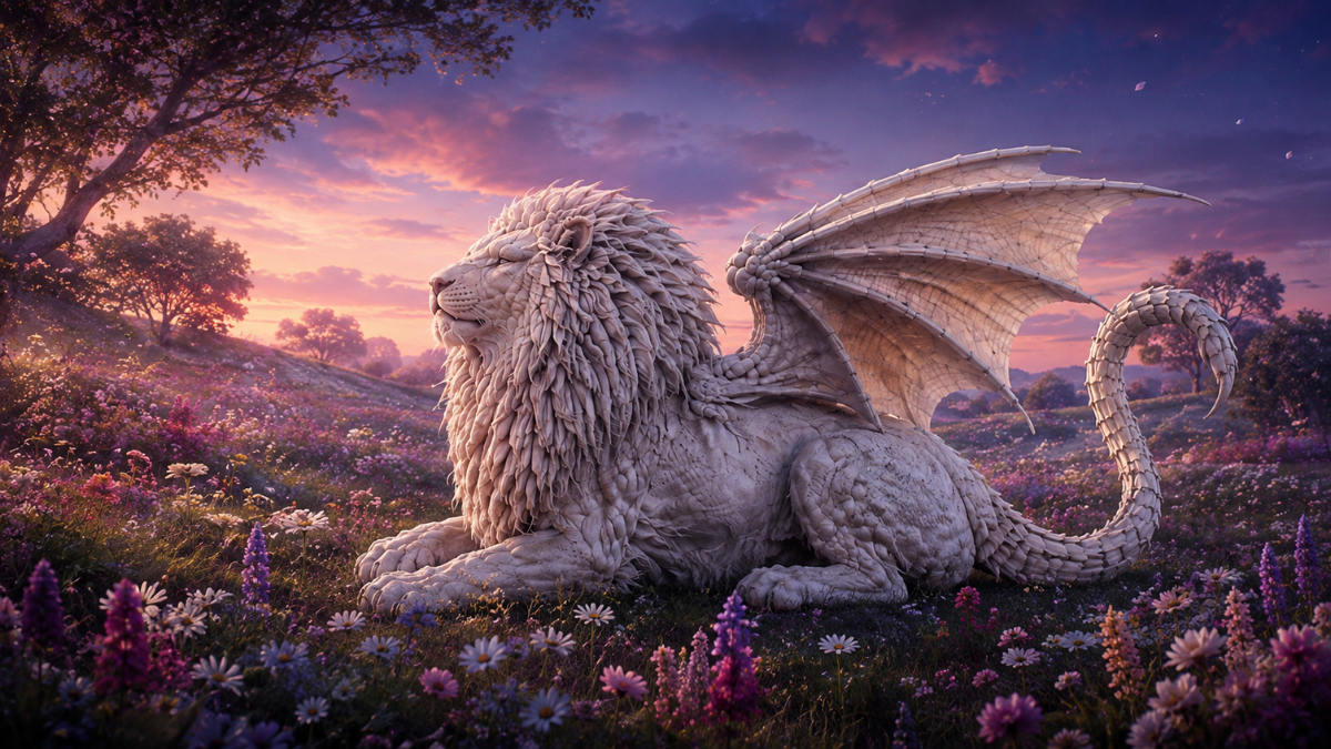 A white Manticore resting safely in a flower field