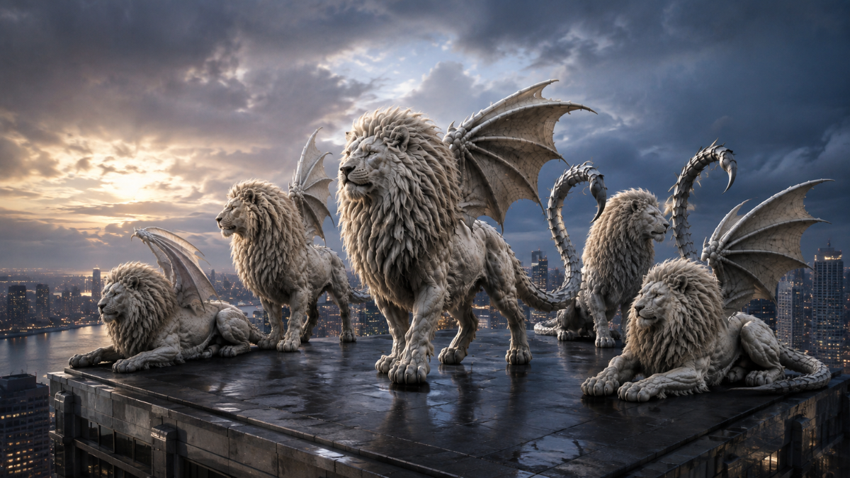 A team of white Manticores overlooking a city