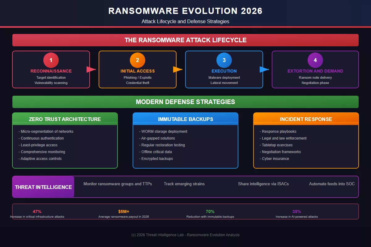 Ransomware attack lifecycle and defense strategies infographic
