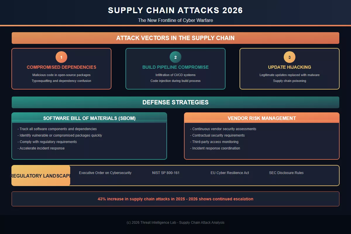 Supply chain attack vectors and defense strategies infographic
