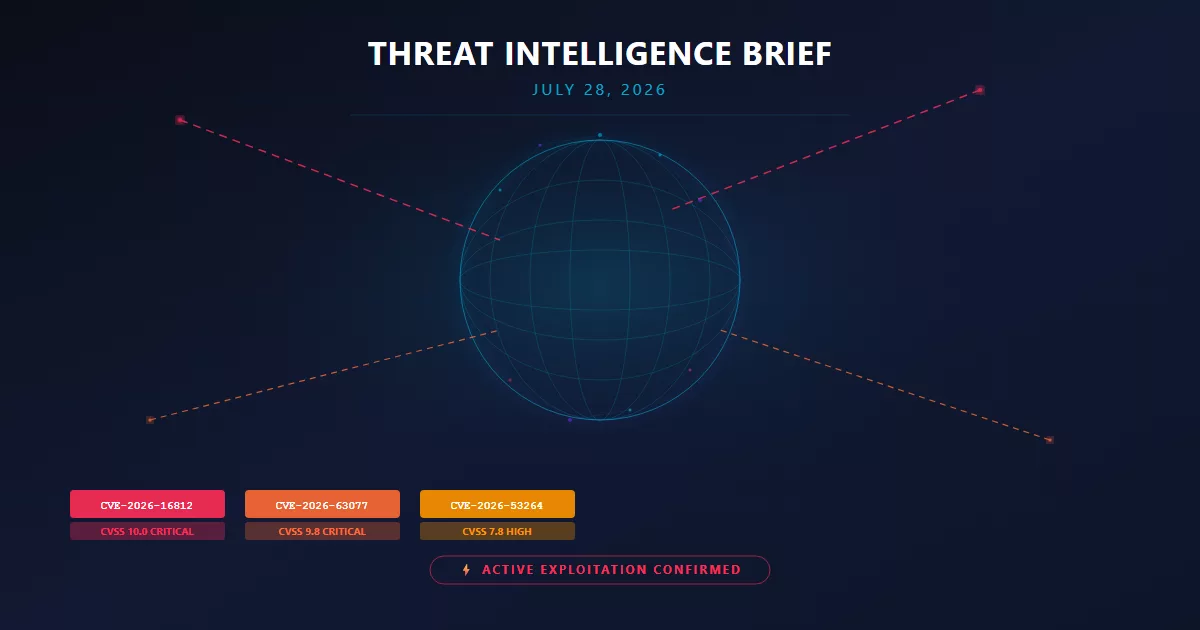 Cybersecurity threat intelligence brief featuring a digital globe with attack vectors and vulnerability indicators on a dark technical background